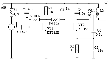 Схема простого радиомикрофона на 115...175 МГц