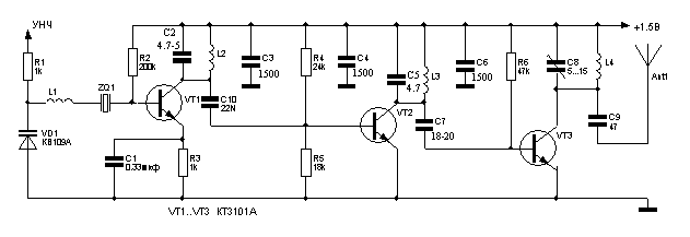 Схема кварцевого ЧМ передатчика с высоким КПД на 418,8 MHz