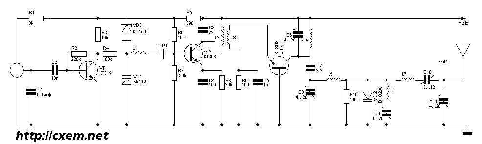 Схема кварцованного передатчика на 433 MHz 10 мВт