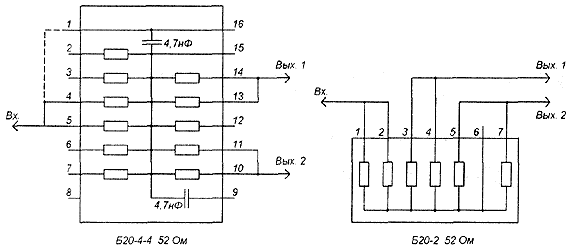 Разветвитель на основе резистивного блока Б20 с попарно-параллельным соединением резисторов для выхода на два телевизора