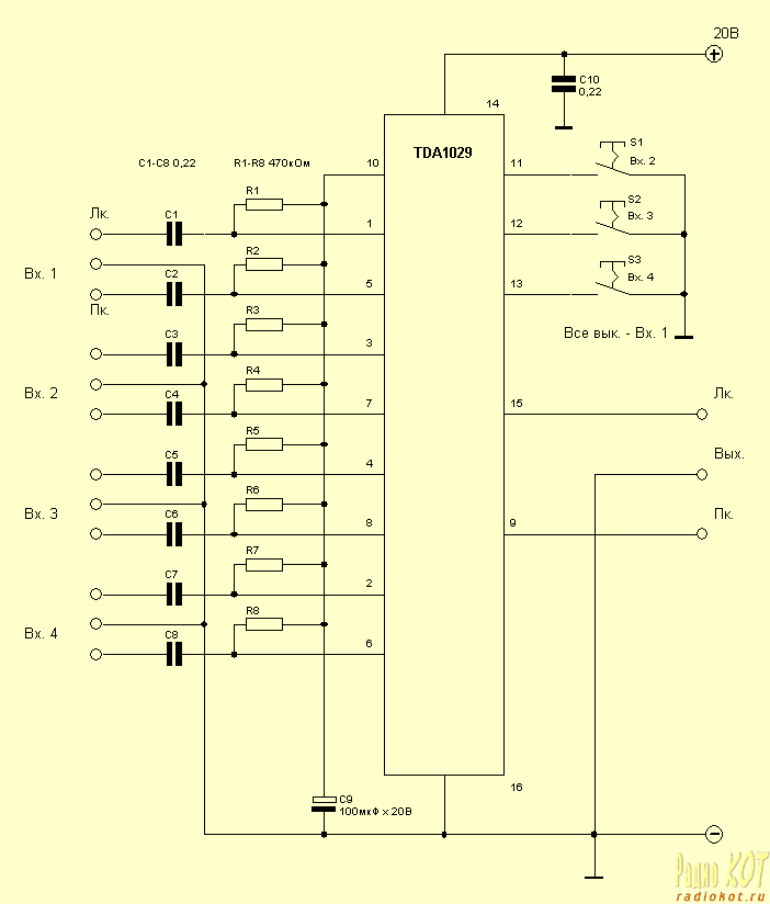 Типовая схема включения TDA1029 (стереофонический селектор сигналов)
